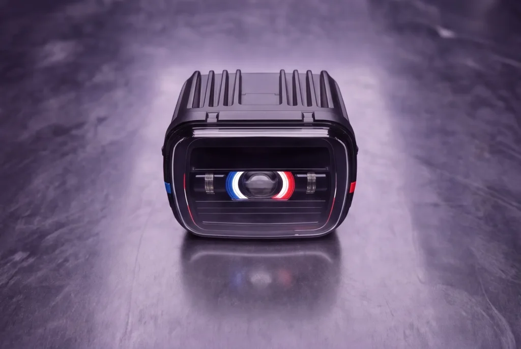 venuum-led-projector-headlight-front-view-finned-housing